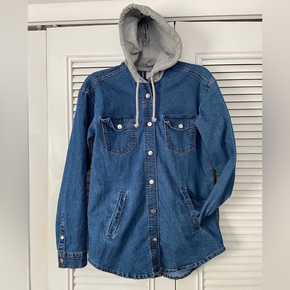 H&M Divided Blue Denim Jean Shacket with Gray Hood Size 2 - Picture 1 of 12
